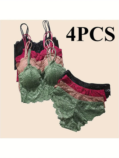 4pcs Women Sexy Lace Bra & Panty Set