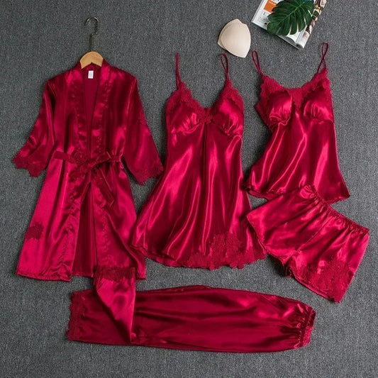 5-piece Set of Women's Sexy Silk Nightwear