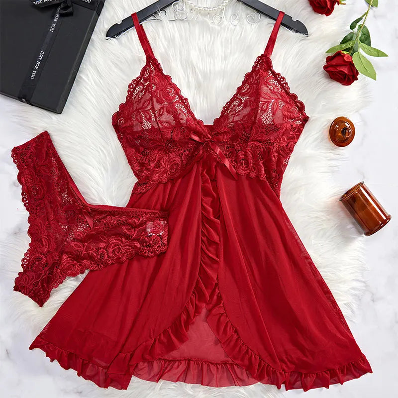 Lace V-Neck Underwear Semi-transparent Thong Dress Nightwear
