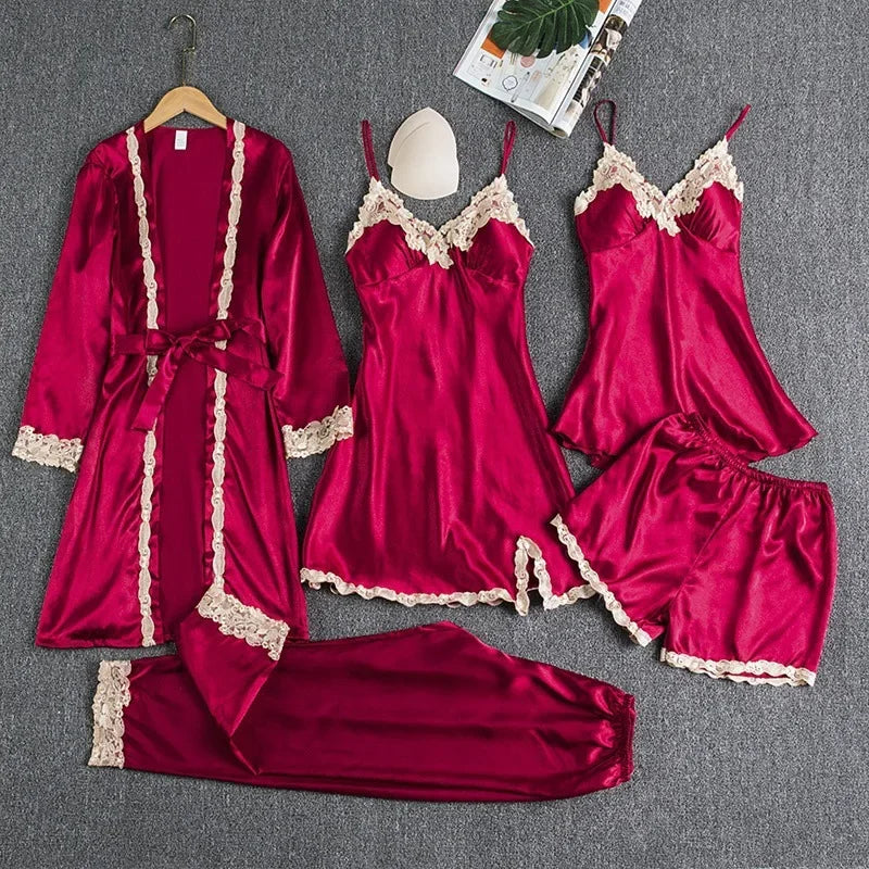 5-piece Set of Women's Sexy Silk Nightwear