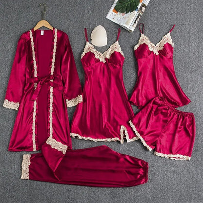 5-piece Set of Women's Sexy Silk Nightwear