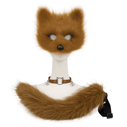 Fox  Wolf Cat Mask Puffy Tail and Leather Necklace