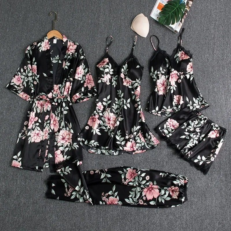 5-piece Set of Women's Sexy Silk Nightwear