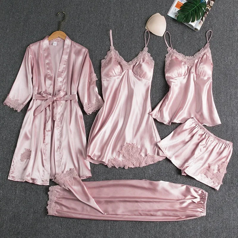 5-piece Set of Women's Sexy Silk Nightwear