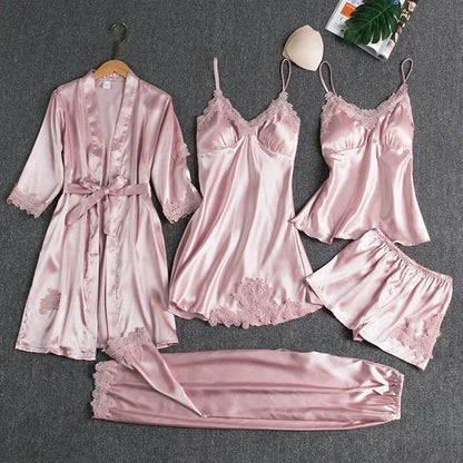 5-piece Set of Women's Sexy Silk Nightwear