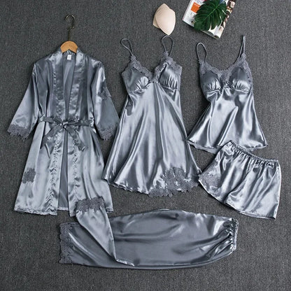 5-piece Set of Women's Sexy Silk Nightwear