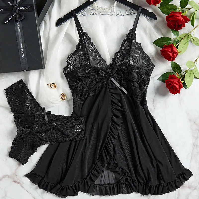 Lace V-Neck Underwear Semi-transparent Thong Dress Nightwear