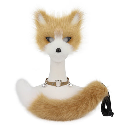 Fox  Wolf Cat Mask Puffy Tail and Leather Necklace