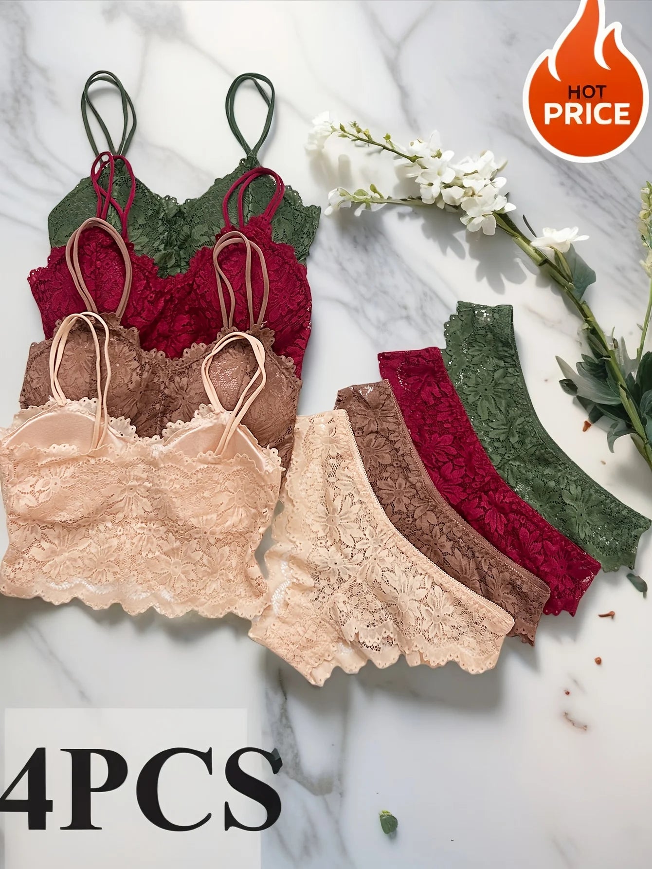 4pcs Women Sexy Lace Bra & Panty Set