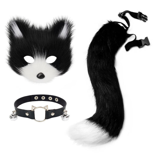 Fox  Wolf Cat Mask Puffy Tail and Leather Necklace