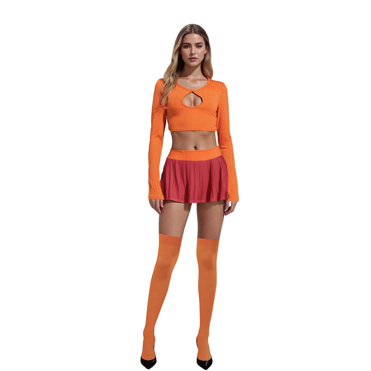 Crop Top Mini Skirt with Stockings/Scarf