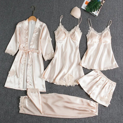 5-piece Set of Women's Sexy Silk Nightwear
