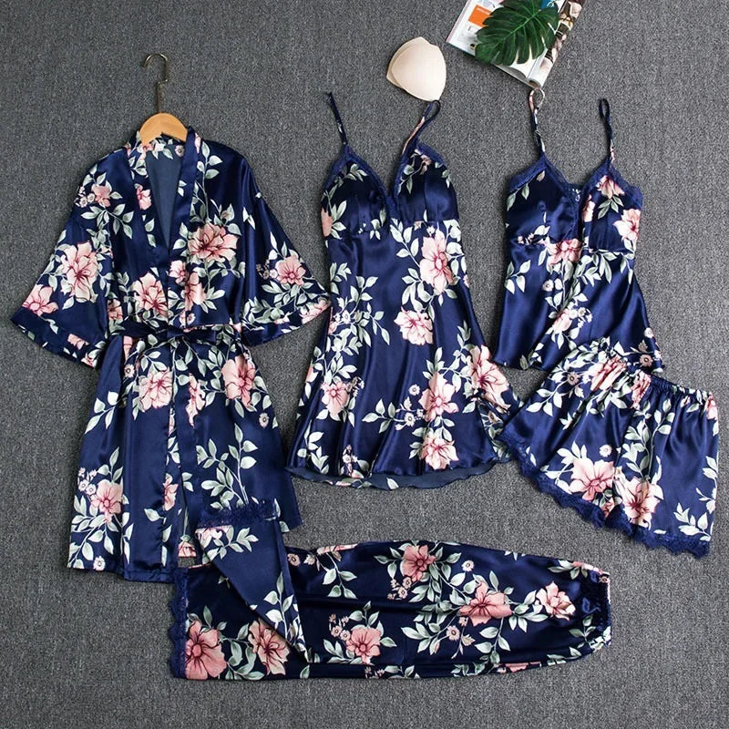5-piece Set of Women's Sexy Silk Nightwear