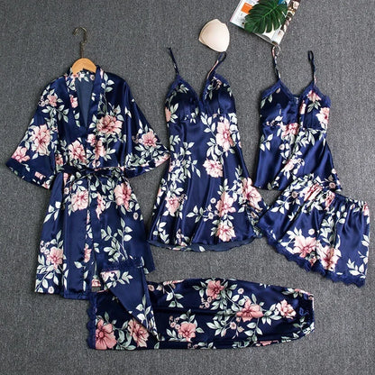 5-piece Set of Women's Sexy Silk Nightwear