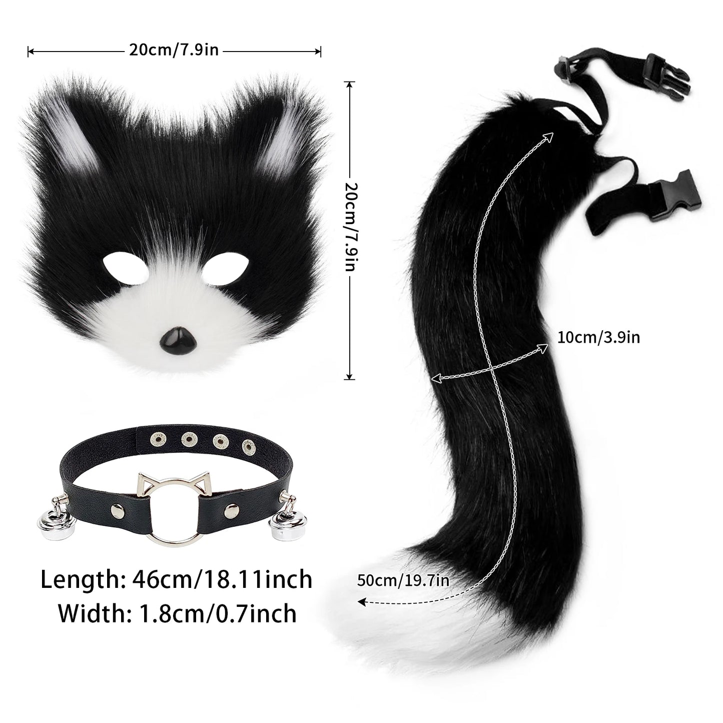 Fox  Wolf Cat Mask Puffy Tail and Leather Necklace