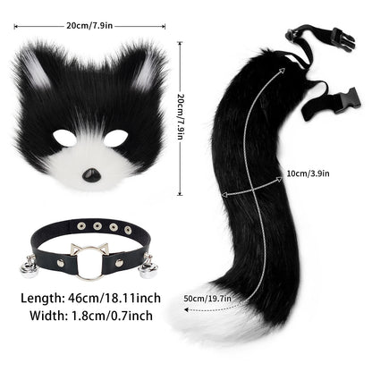 Fox  Wolf Cat Mask Puffy Tail and Leather Necklace