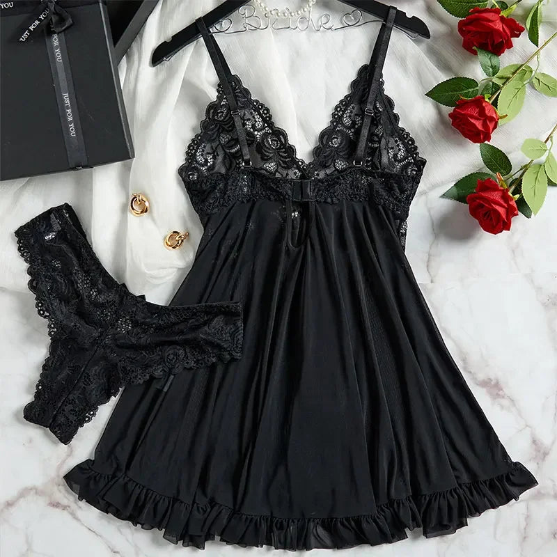 Lace V-Neck Underwear Semi-transparent Thong Dress Nightwear
