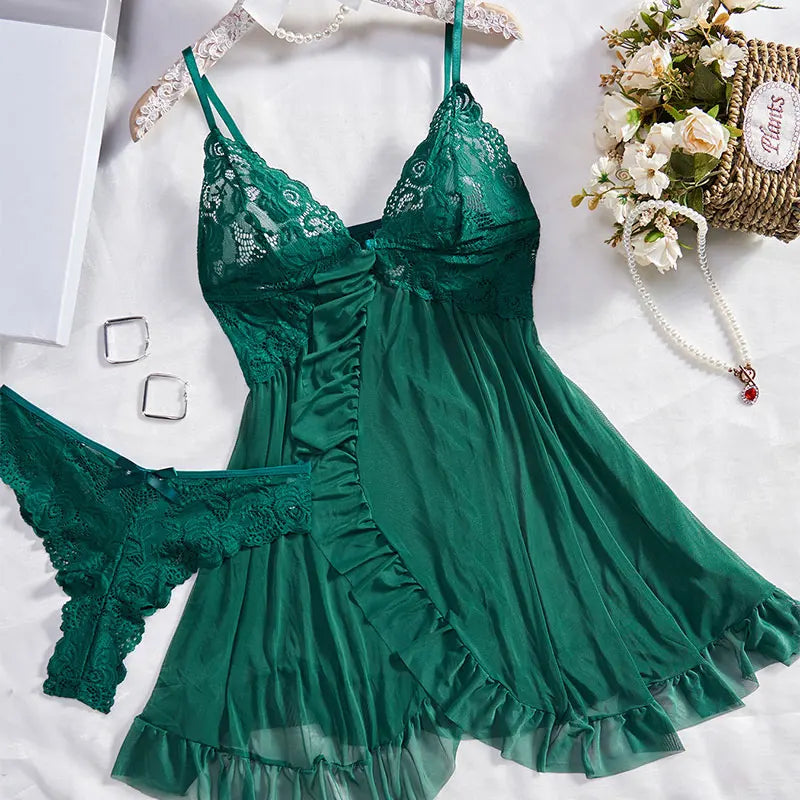 Lace V-Neck Underwear Semi-transparent Thong Dress Nightwear