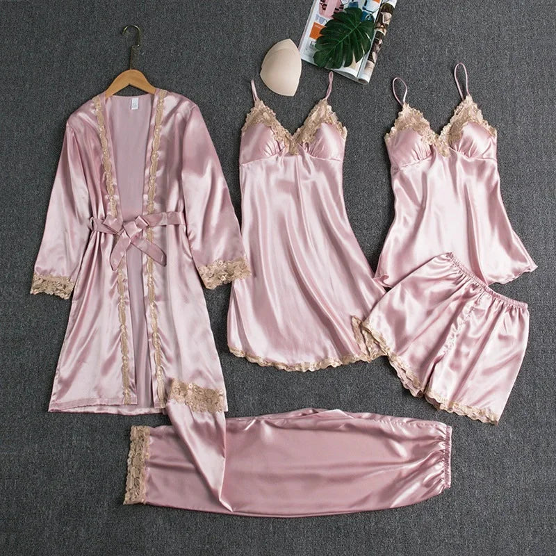 5-piece Set of Women's Sexy Silk Nightwear