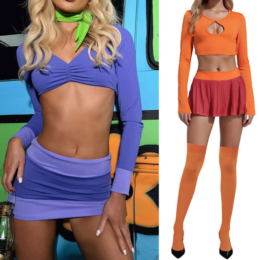 Crop Top Mini Skirt with Stockings/Scarf