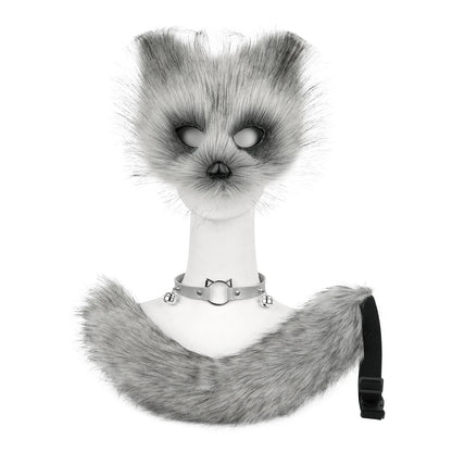 Fox  Wolf Cat Mask Puffy Tail and Leather Necklace