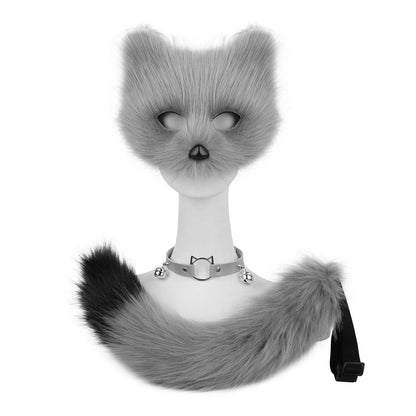 Fox  Wolf Cat Mask Puffy Tail and Leather Necklace