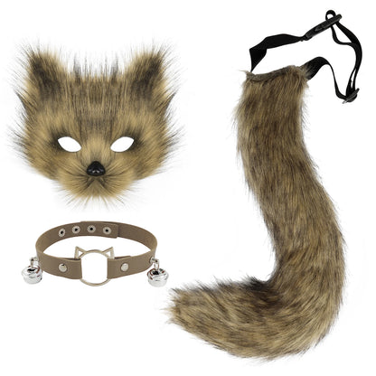 Fox  Wolf Cat Mask Puffy Tail and Leather Necklace