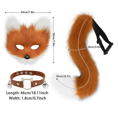 Fox  Wolf Cat Mask Puffy Tail and Leather Necklace