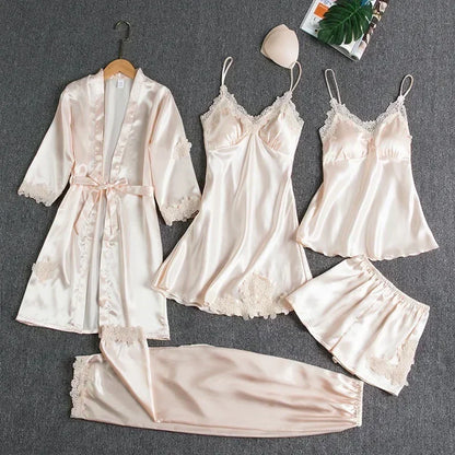 5-piece Set of Women's Sexy Silk Nightwear