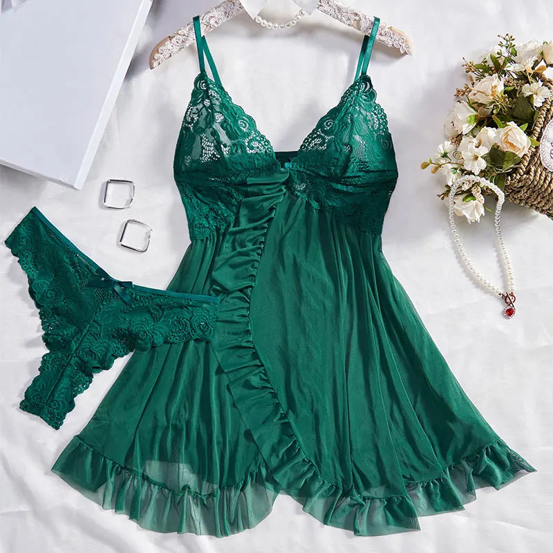 Lace V-Neck Underwear Semi-transparent Thong Dress Nightwear