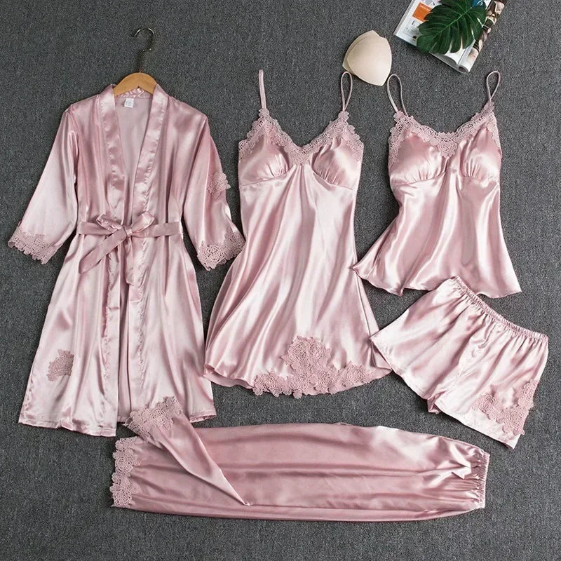 5-piece Set of Women's Sexy Silk Nightwear