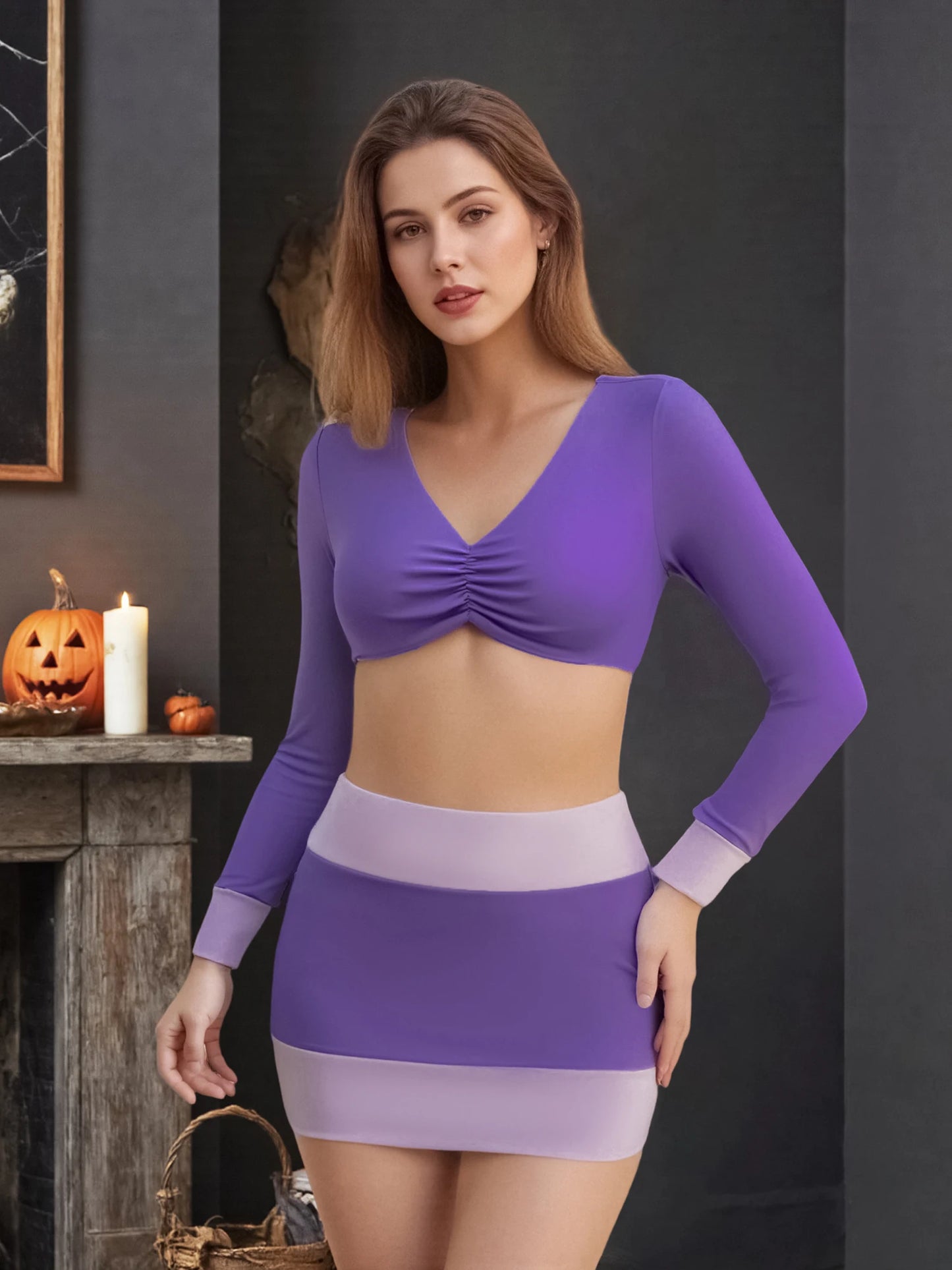Crop Top Mini Skirt with Stockings/Scarf