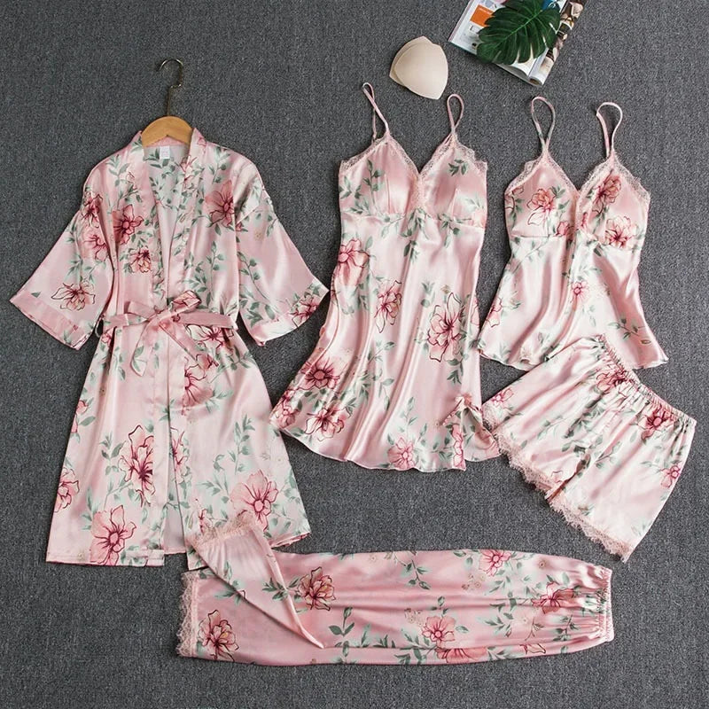 5-piece Set of Women's Sexy Silk Nightwear