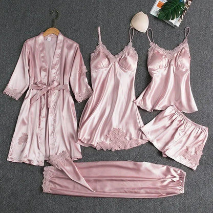 5-piece Set of Women's Sexy Silk Nightwear