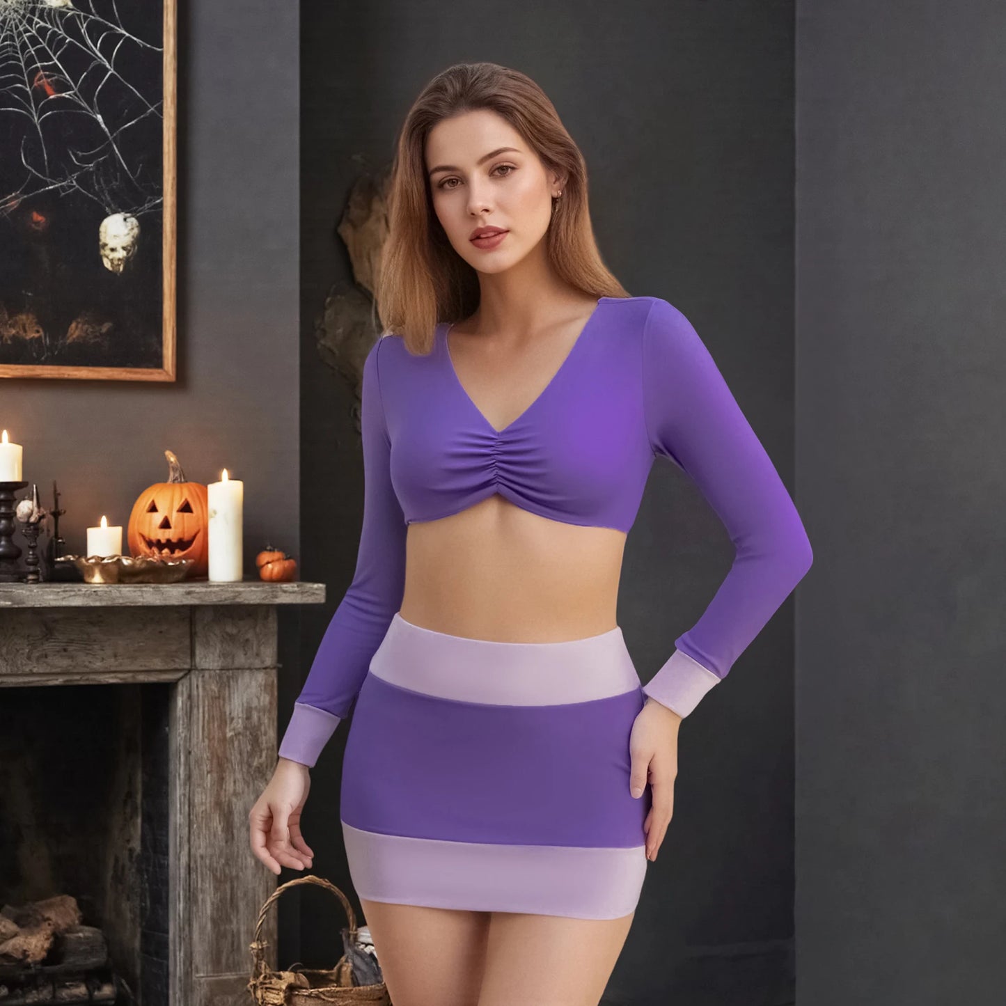 Crop Top Mini Skirt with Stockings/Scarf
