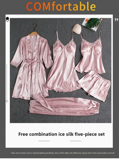 5-piece Set of Women's Sexy Silk Nightwear